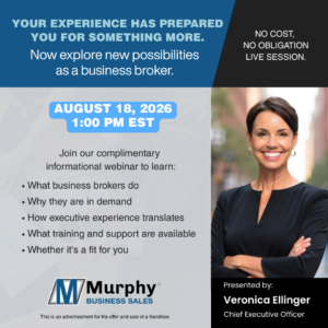 Advertisement for a August 18, 2026 webinar on business brokerage